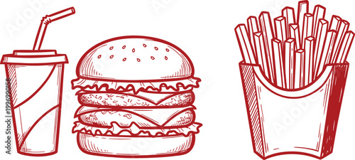 A hand drawn illustration of classic fast food a burger fries and a refreshing soda beverage combination