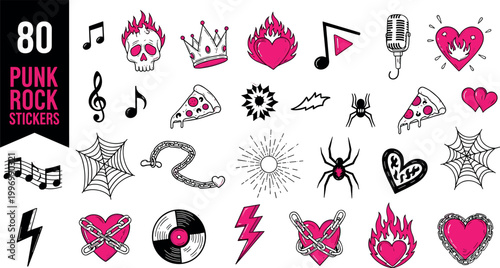 Punk rock stickers doodle vector set skull heart lightning crown music spider web tattoo style decorative elements collection