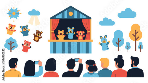An audience watching a puppet show in an outdoor setting, with various puppet characters and natural elements, symbolizing children's entertainment.