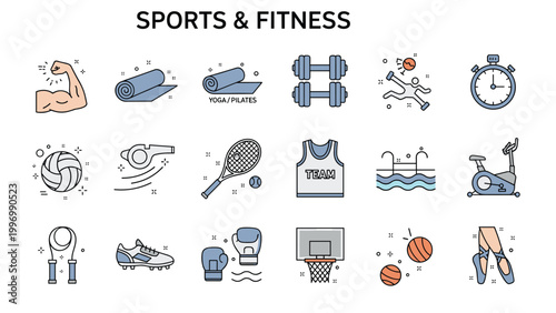 A collection of sports and fitness icons including weights, yoga mats, basketball, tennis, and ballet shoes, promoting an active and healthy lifestyle.