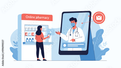 A woman using an online pharmacy app on her phone while a virtual doctor provides consultation, symbolizing digital healthcare and telepharmacy.