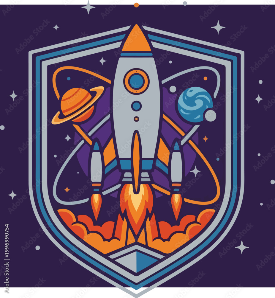 Fototapeta premium Cartoon Rocket Ship Launching Inside A Protective Shield Emblem.