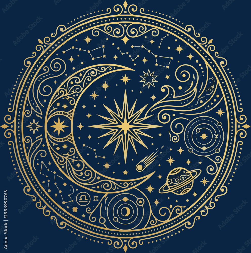 Obraz premium Celestial golden crescent moon and stars in ornate mandala circle.
