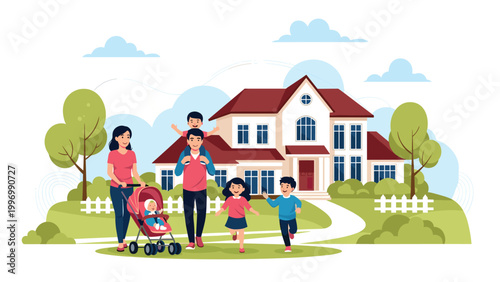 A happy family with a baby, young children, and parents walking in front of a large house with a garden, symbolizing family life and home ownership.