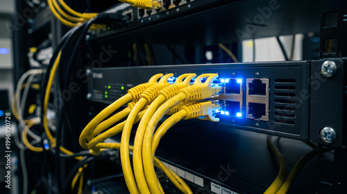 Network servers filled with numerous of yellow network cable. The photo showcase the network server, cables and port lighting
