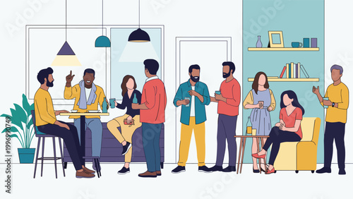A diverse group of people socializing and conversing in a modern, casual office or co-working space, symbolizing teamwork and networking.