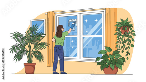 Diligent woman in gloves thoroughly cleans a bright window with a squeegee, ensuring sparkling glass in a cozy room filled with green houseplants.