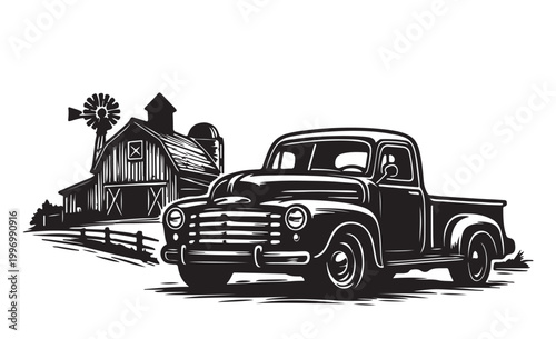 Rustic Barn Silhouette Vector with Vintage Pickup Truck, Country Farm Landscape, Black and White Illustration