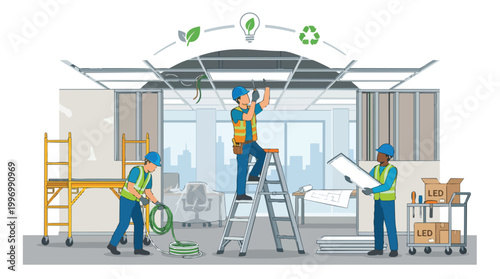 Sustainable Building Renovation with Electricians Installing Energy Efficient LED Lighting Systems for Modern Commercial Interior