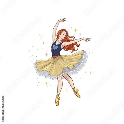 Red Haired Ballerina Dancing in Yellow Tutu with Sparkles