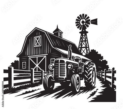 Farm Tractor Silhouette Vector with Barn and Windmill, Rustic Countryside Agriculture Scene, Black and White Illustration