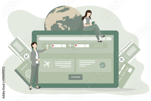 Woman are booking flight ticket online via a virtual iPad. Modern flat vector illustration. Airline ticket reservation, mobile flight search.