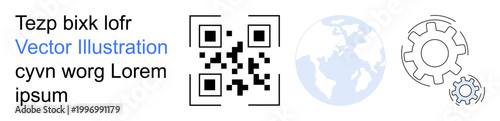 Technology, innovation, global communication, digital tools, data sharing, automation. QR code with accompanying text, globe symbol and gears. Technology and global communication concept