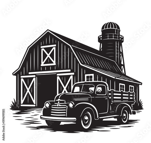 Rustic Barn Silhouette Vector with Vintage Pickup Truck, Country Farm Landscape, Black and White Illustration