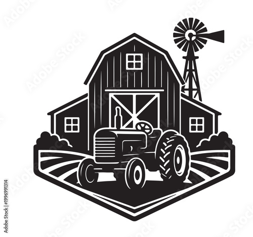 Farm Tractor Silhouette Vector with Barn and Windmill, Rustic Countryside Agriculture Scene, Black and White Illustration