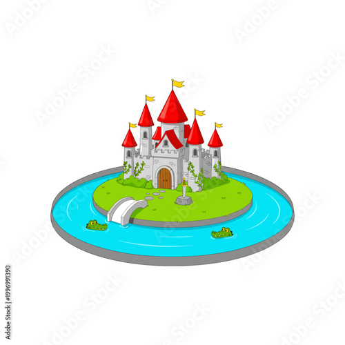 Fotografija Whimsical Castle on Island with Ducks in Blue Moat Surrounded by Birds