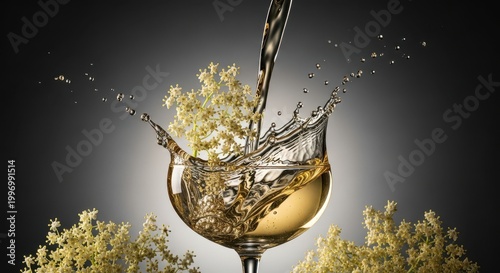 Refreshing elderflower cocktail being poured into a glass with fresh elderflower blossoms, dynamic splash, elegant drink photography