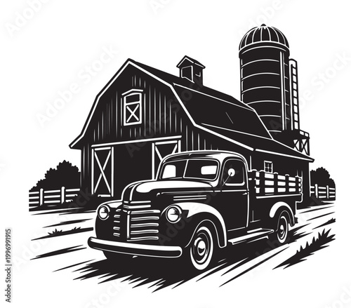 Rustic Barn Silhouette Vector with Vintage Pickup Truck, Country Farm Landscape, Black and White Illustration