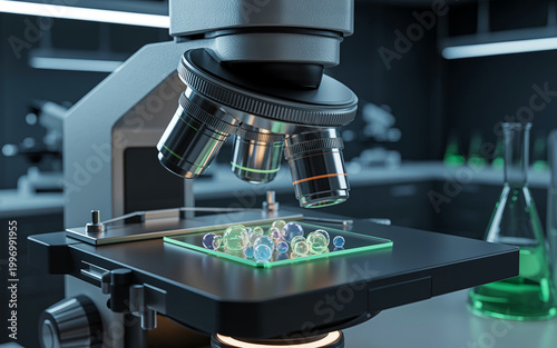Modern lab microscope focusing on glass slide with microscopic biological cells or chemical bubbles in research laboratory environment with green medical liquid background.