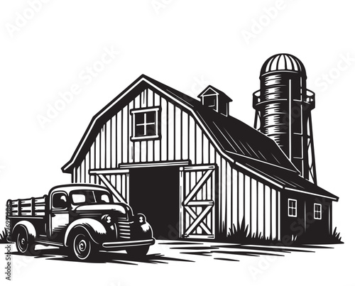 Rustic Barn Silhouette Vector with Vintage Pickup Truck, Country Farm Landscape, Black and White Illustration