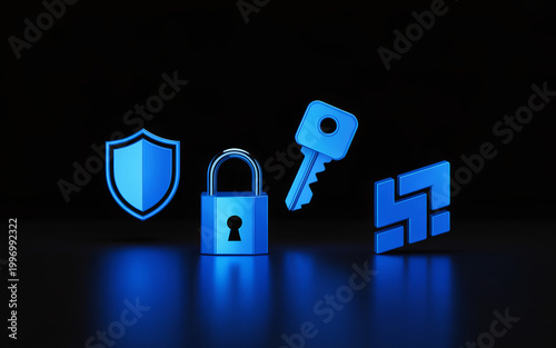 Digital security concept symbolizing protection and access with shield padlock key and blockchain technology emblem on dark background, abstract blue glow.