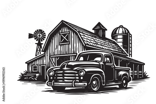 Rustic Barn Silhouette Vector with Vintage Pickup Truck, Country Farm Landscape, Black and White Illustration