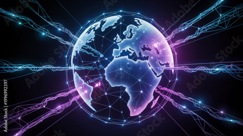 Digital globe connected by glowing fiber optic lines and data cables against dark space background depicting global communication network and worldwide internet connectivity.