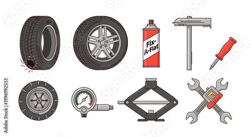 Tire Repair Tools and Punctured Car Wheel Illustration