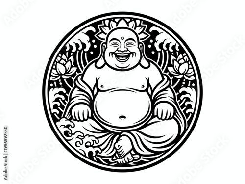 Laughing Buddha Sitting with Lotus Flowers in Circular Frame