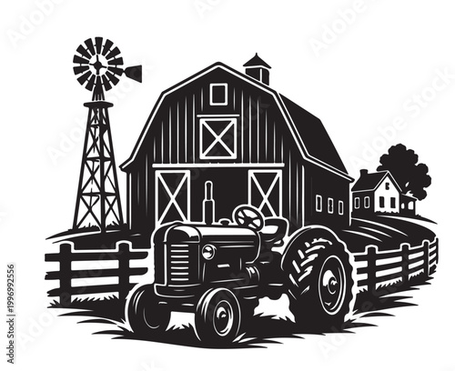 Farm Tractor Silhouette Vector with Barn and Windmill, Rustic Countryside Agriculture Scene, Black and White Illustration