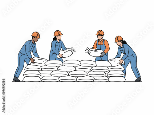 Construction workers stacking sandbags for flood protection barrier