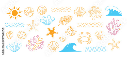 summer boho vintage sticker collection, hand drawn vector collage elements, palm trees, ocean sun, seashells, coral reef, and crab, groovy naive style tropical surf club design for travel prints.