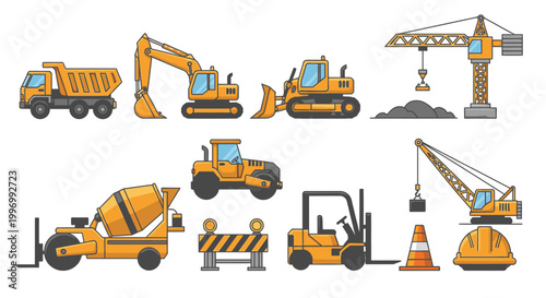 Construction machinery icons set with excavator crane and dump truck