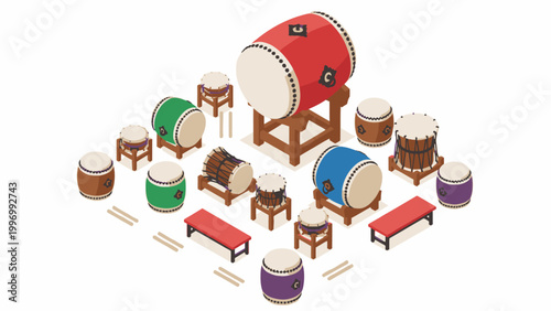 Taiko Drum Set Japanese Percussion Instruments Isometric Vector
