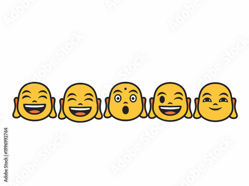 Yellow Buddha Emoji Set with Various Expressions on White Background
