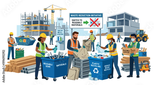 Construction Site Waste Reduction Initiative Illustrating Sustainable Industry Practices with Diverse Workers and Recycling