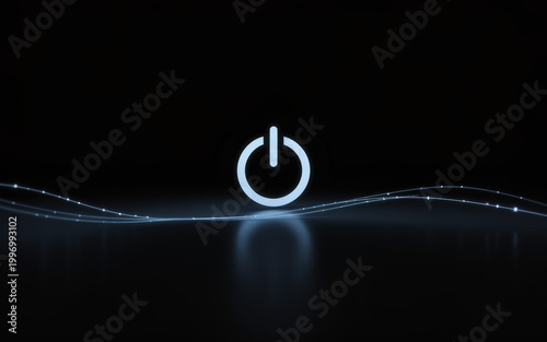 Glowing blue power button symbol on a dark background with abstract light waves representing energy and control.