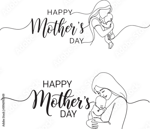 Happy Mother’s Day continuous line art of mom hugging baby

Minimalist one line drawing of mother and child for Mothers Day

Elegant Mothers Day calligraphy with mother and infant silhouette