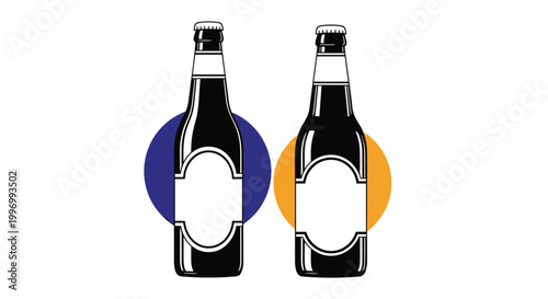Two dark brown beer bottles with white blank labels standing in front of blue and orange circular backdrops on white.