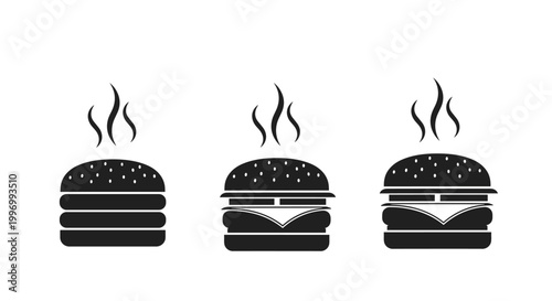 Set of three black silhouettes of delicious hamburgers with steam rising from them, showing different layers and ingredients.