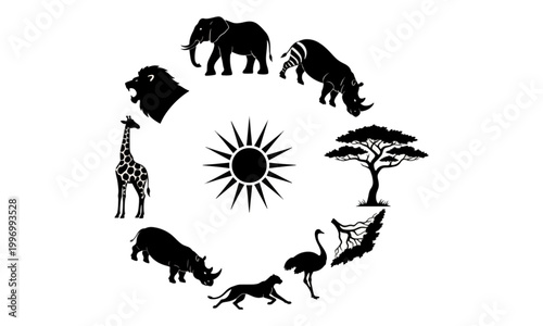 African Wildlife Silhouettes Circle with Sun and Acacia Trees