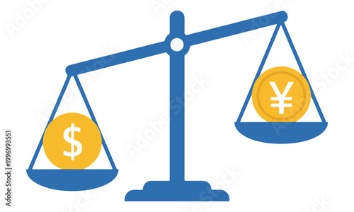 Currency exchange rate dollar and yen coins on balance scale