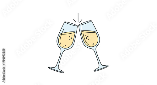 Celebration illustration of two elegant champagne glasses filled with sparkling wine clinking together for a toast on white.