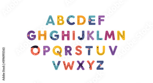 Colorful decorative alphabet set where each capital letter features whimsical faces and unique hand-drawn patterns on white background.