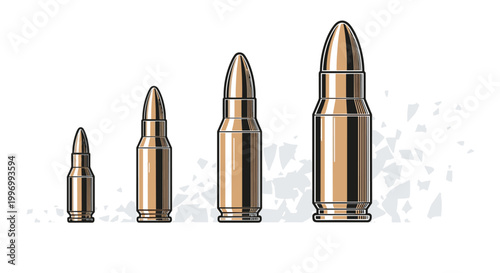 Row of four different sizes of metallic bullets arranged from smallest to largest with stylized gray debris patterns in the background.