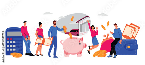 People saving money with piggy bank and calculator at home office