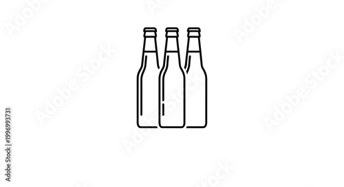 Minimalist black and white line art illustration of three identical beer or beverage bottles standing together in a row.