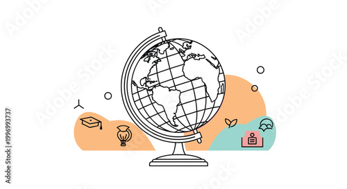 Simple black line drawing of a terrestrial globe on a stand decorated with colorful abstract shapes and education related icons.