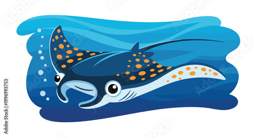 Friendly cartoon stingray or manta ray with large eyes and a spotted back swimming through blue ocean water with bubbles.