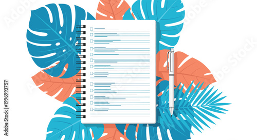 Top down view of an open spiral notebook with lined pages and a silver pen placed on top of colorful tropical leaves.
